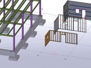 Struktur bangunan multimaterial mendetail dalam model 3D